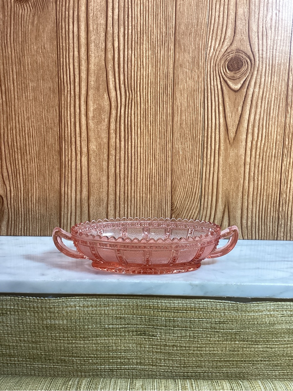 Vintage Imperial Glass Deco Beaded Pink Block Two-Handled Olive Dish 6.5”